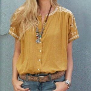 Sundance Grecia Blouse Maize Mustard Yellow White Embroidery Button Up Size XS